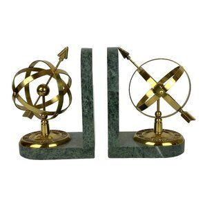 Brass & Green Marble Armillary Sphere Sundial Bookends Nautical Decor 1980s
